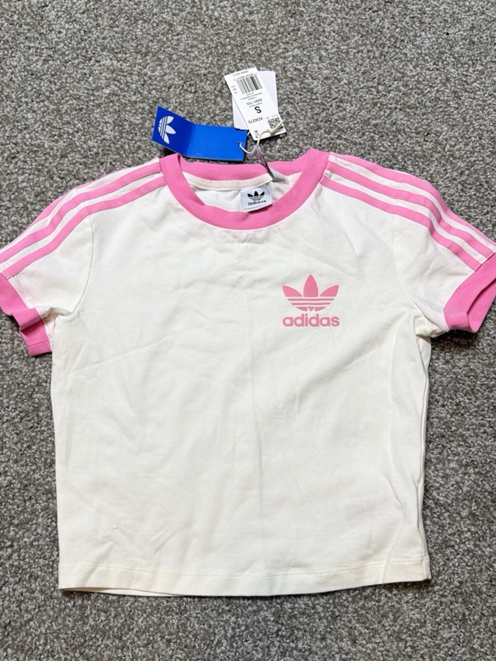 adidas White and Pink Trefoil Ringer baby tee- women’s